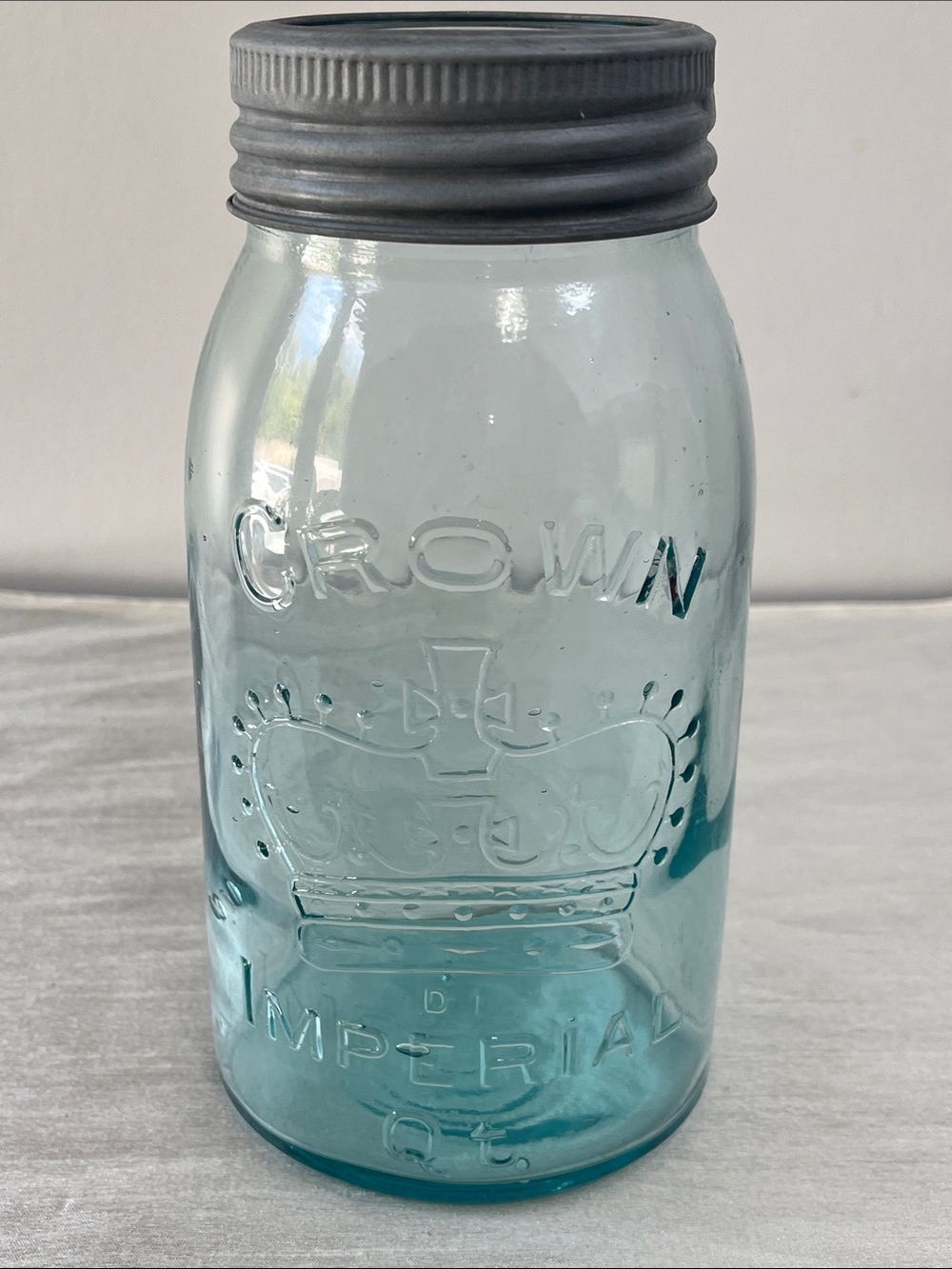 Vintage Canadian Crown Imperial Fruit Jar, Aqua Blue Quart Mason Jar, Glass Lid,